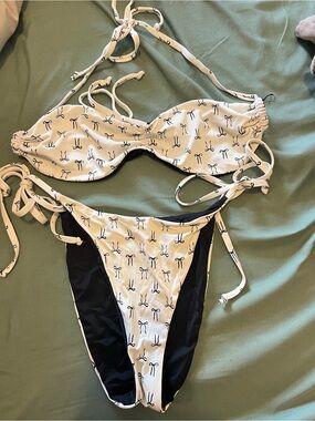 White Bow Print Tie-Side Bikini Set